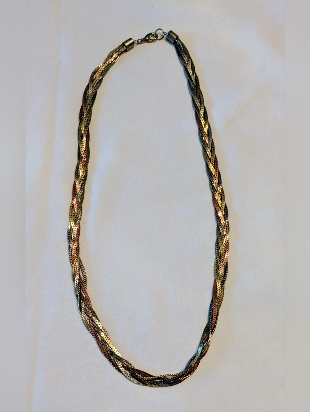 Vintage 80s TriTone Braided Herringbone Chain Necklace